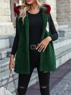 Women's Teddy Vest Christmas Party Xmas Fleece Sherpa Jacket Gilet Santa Winter Windproof Warm Sleeveless Jacket With Pockets Dark Green -Xmas Cothing Store jdofyy1695204303140