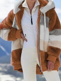 Women's Plus Size Fleece Sherpa Jacket Teddy Coat With Hood Christmas Windproof Warm Zipper Coat Fashion Plush Outdoor Xmas Casual Color Block Regular Fit Outerwear Long Sleeve Fall -Xmas Cothing Store jdrecm1695715088492