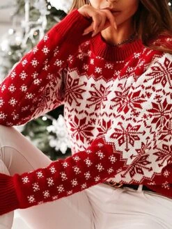 Women's Ugly Christmas Sweater Pullover Sweater Jumper Crew Neck Ribbed Knit Acrylic Knitted Fall Winter Outdoor Xmas Daily Stylish Casual Soft Long Sleeve Snowflake Red Blue Green S M L -Xmas Cothing Store jdsqjb1667210826965