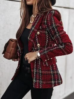 Women's Christmas Blazer Xmas Tweed Blazer Jacket Plaid Print Office Formal Casual Winter Coat Double Breasted Lapel Jacket Warm Fashion Outerwear Long Sleeve Fall Wine S -Xmas Cothing Store jdvsqm1695693135297