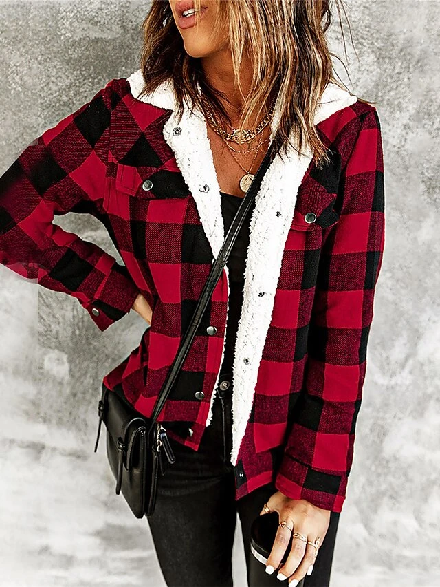Women's Teddy Coat Christmas Winter Coat Fleece Sherpa Jacket Plaid Print Warm Street Xmas Jacket Long Sleeve With Pockets Red Gray 3 Women's Teddy Coat Christmas Winter Coat Fleece Sherpa Jacket Plaid Print Warm Street Xmas Jacket Long Sleeve With Pockets Red Gray