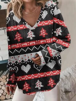 Women's Pullover Sweater Jumper V Neck Crochet Knit Polyester Print Fall Winter Christmas Holiday Casual Soft Long Sleeve Snowman Xmas Tree Red Brown Black White S M L