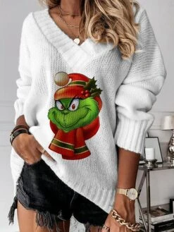 Women's Pullover Sweater Jumper V Neck Crochet Knit Polyester Print Drop Shoulder Fall Winter Regular Christmas Xmas Stylish Casual Soft Long Sleeve Print Monster Red Green Beige S M L -Xmas Cothing Store jffagg1696903703593