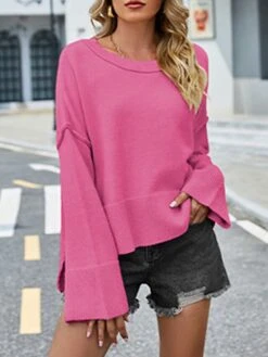 Women's Ugly Christmas Sweater Pullover Sweater Jumper Crew Neck Ribbed Knit Acrylic Split Flare Cuff Sleeve Fall Winter Regular Outdoor Christmas Daily Stylish Casual Soft Long Sleeve Solid Color -Xmas Cothing Store jglqqf1696823512851