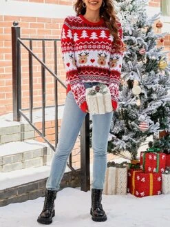 Women's Ugly Xmas Christmas Sweater Pullover Sweater Jumper Crew Neck Chunky Knit Acrylic Patchwork Drop Shoulder Spring Fall Winter Regular Party Christmas Stylish Casual Long Sleeve Letter Red S M L -Xmas Cothing Store jgusde1695110322345