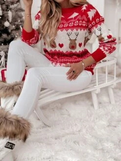 Women's Ugly Christmas Sweater Pullover Sweater Jumper Crew Neck Ribbed Knit Polyester Oversized Fall Winter Xmas Daily Going Out Stylish Casual Soft Long Sleeve Geometric Elk Christmas Tree Red -Xmas Cothing Store jhuoxw1693979332539