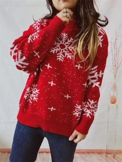 Women's Ugly Christmas Sweater Pullover Sweater Jumper Crew Neck Ribbed Knit Polyester Oversized Fall Winter Regular Outdoor Christmas Daily Stylish Casual Soft Long Sleeve Snowflake Black Red Green -Xmas Cothing Store jhvcrh1696903388041
