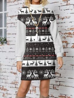Women's Sweater Dress Christmas Sweaters Stand Collar Ribbed Knit Polyester Knitted Print Fall Winter Long Christmas Holiday Going Out Daily Stylish Casual Long Sleeve Santa Claus Black White S M L