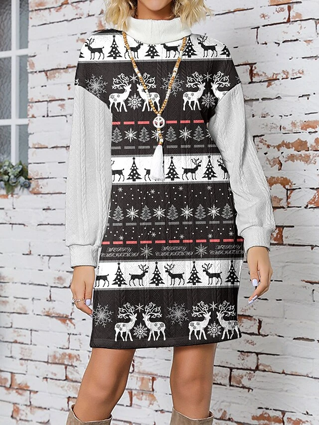 Women's Sweater Dress Christmas Sweaters Stand Collar Ribbed Knit Polyester Knitted Print Fall Winter Long Christmas Holiday Going Out Daily Stylish Casual Long Sleeve Santa Claus Black White S M L 3 Women's Sweater Dress Christmas Sweaters Stand Collar Ribbed Knit Polyester Knitted Print Fall Winter Long Christmas Holiday Going Out Daily Stylish Casual Long Sleeve Santa Claus Black White S M L