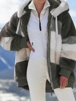 Women's Plus Size Fleece Sherpa Jacket Teddy Coat With Hood Christmas Windproof Warm Zipper Coat Fashion Plush Outdoor Xmas Casual Color Block Regular Fit Outerwear Long Sleeve Fall -Xmas Cothing Store jijkyq1695715087361