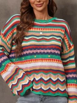 Women's Pullover Sweater Jumper Crew Neck Cable Crochet Knit Acrylic Cotton Blend Patchwork Hollow Knitted Fall Winter Outdoor Xmas Christmas Daily Stylish Casual Soft Long Sleeve Color Block Striped -Xmas Cothing Store jjdtqq1660904965040