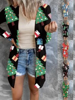 Women's Cardigan Sweater Open Front Ribbed Knit Polyester Button Fall Winter Short Christmas Daily Going Out Stylish Casual Soft Long Sleeve Elk Snowman Xmas Tree Blue Snowman Red Cat Black -Xmas Cothing Store jkcmje1695262424614