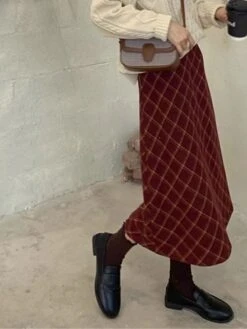 Women's Skirt Long Skirt Midi Cotton Wine Skirts Fall & Winter Plaid Print High Waist Fashion Elegant Christmas Street Xmas S M L -Xmas Cothing Store jkprov1695351446941