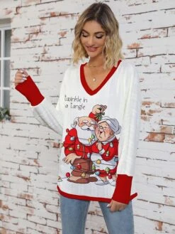 Women's Ugly Christmas Sweater Pullover Sweater Jumper V Neck Ribbed Knit Polyester Knitted Print Fall Winter Regular Outdoor Christmas Holiday Daily Stylish Casual Long Sleeve Santa Claus Wine Green -Xmas Cothing Store jkukqp1697697964684