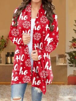 Women's Ugly Christmas Sweater Cardigan Pullover Sweater Jumper Open Front Knit Polyester Print Fall Winter Christmas Daily Holiday Xmas Stylish Basic Casual Long Sleeve Animal Geometric Snowman Red