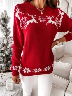 Women's Ugly Christmas Sweater Pullover Sweater Jumper Crew Neck Ribbed Knit Acrylic Patchwork Fall Winter Regular Outdoor Xmas Daily Stylish Casual Soft Long Sleeve Elk Snowflake White Red Green -Xmas Cothing Store jlccex1695209520727