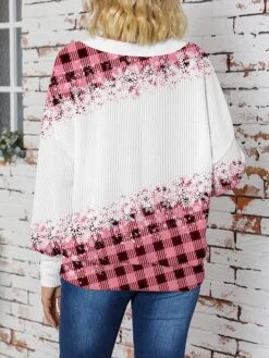 Women's Christmas Sweater Pullover Sweater Jumper V Neck Crochet Knit Print Drop Shoulder Fall Winter Regular Stylish Casual Soft Long Sleeve Plaid Santa Claus Pink S M L -Xmas Cothing Store jlcixd1697104730487