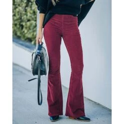Women's Jeans Bootcut Flare Full Length Corduroy Micro-elastic Mid Waist Fashion Party Christmas Wine Red S M