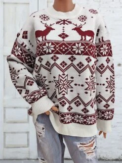 Women's Ugly Christmas Sweater Pullover Sweater Jumper Christmas Sweaters Crew Neck Ribbed Knit Acrylic Knitted Fall Winter Regular Outdoor Christmas Daily Fashion Casual Soft Long Sleeve Elk