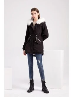 Women's Winter Coat Thicken Puffer Jacket Christmas Warm Fleece Parka With Removable Faux Fur Hood Zipper Drawstring Heated Coat Pocket Classic Outdoor Xmas Windproof Outerwear Red Pink Black Green -Xmas Cothing Store jqdqsw1695459011850