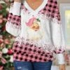 Women's Christmas Sweater Pullover Sweater Jumper V Neck Crochet Knit Print Drop Shoulder Fall Winter Regular Stylish Casual Soft Long Sleeve Plaid Santa Claus Pink S M L -Xmas Cothing Store jqzxuc1697104868270