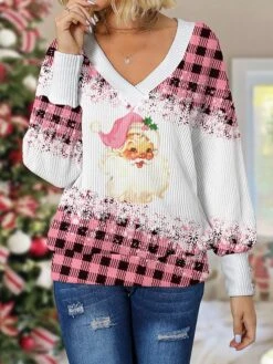 Women's Christmas Sweater Pullover Sweater Jumper V Neck Crochet Knit Print Drop Shoulder Fall Winter Regular Stylish Casual Soft Long Sleeve Plaid Santa Claus Pink S M L