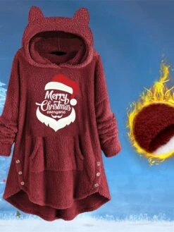 Women's Sherpa Jacket Fleece Jacket Teddy Coat Windproof Warm Outdoor Christmas Daily Wear Going Out Pocket Print Pullover Hoodie Comfortable Plush Christmas Letter Regular Fit Outerwear Long Sleeve -Xmas Cothing Store jrflrs1667211814839