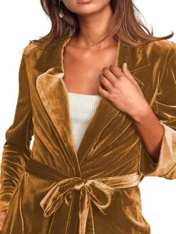 Women's Velvet Blazer Long Trench Coat Party Christmas Overcoat With Belt Open Front Halloween Xmas Cardigan Jacket Warm Stylish Casual Street Jacket Long Sleeve With Pockets Claret Black Yellow