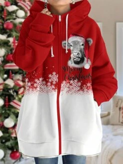 Women's Ugly Christmas Jacket Party Xmas Hooded Coat Winter Drawstring Zipper Jacket Green Loose Fit Outerwear Long Sleeve Fall Claret S -Xmas Cothing Store jrntlg1697195717801