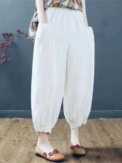 Women‘s Bloomers Baggy Cropped Pants Ankle-Length Cotton Pocket Cotton Linen Micro-elastic High Waist Streetwear Xmas Simple Outdoor Christmas Rice White Black M L Summer Fall -Xmas Cothing Store jryceb1690959770284
