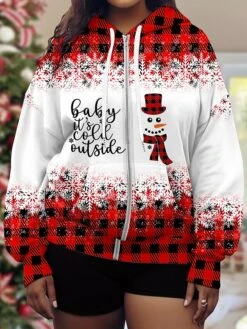 Women's Plus Size Ugly Christmas Hooded Jacket Christmas Santa Print Plaid Party Xmas Drawstring Sport Coat Fashion Loose Fit Outerwear Long Sleeve Fall