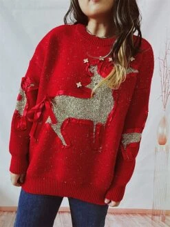 Women's Christmas Sweaters Pullover Sweater Jumper Crew Neck Chunky Knit Polyester Embroidery Spring Fall Winter Regular Christmas Daily New Year Fashion Cute Daily Long Sleeve Elk Red Beige S M L -Xmas Cothing Store jsnlru1697539828912