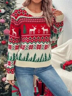 Women's Ugly Christmas Sweater Pullover Sweater Jumper Christmas Sweaters Crew Neck Ribbed Knit Acrylic Knitted Fall Winter Regular Outdoor Christmas Daily Stylish Casual Soft Long Sleeve Geometric -Xmas Cothing Store jssswf1697290679429