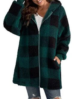Women's Sherpa Jacket Fleece Long Teddy Coat Windproof Warm Maillard Plaid Christmas Daily Wear Vacation Zipper Pocket Zipper Hoodie Ordinary Modern Plush Regular Fit Outerwear Long Sleeve Winter Fall -Xmas Cothing Store jthnig1667563760015