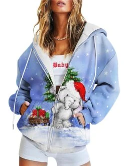 Women's Teddy Coat Hoodie Jacket Warm Breathable Outdoor Christmas Daily Wear Vacation Pocket Print Zipper Hoodie Active Sports Comfortable Xmas Snowman Regular Fit Outerwear Long Sleeve Fall