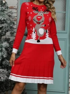 Women's Ugly Christmas Sweater Sweater Dress Crew Neck Ribbed Knit Acrylic Patchwork Fall Winter Long Outdoor Xmas Daily Stylish Casual Soft Long Sleeve Letter Elk Snowflake Picture 1 Picture 2 -Xmas Cothing Store jugiwe1696903337690