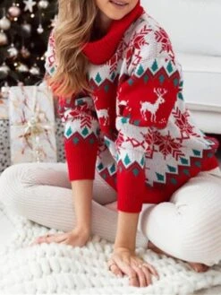 Women's Ugly Christmas Sweater Pullover Sweater Jumper Turtleneck Ribbed Knit Acrylic Oversized Fall Winter Regular Outdoor Christmas Daily Stylish Casual Soft Long Sleeve Elk Snowflake Black Red S M -Xmas Cothing Store jvbqhr1696903341447