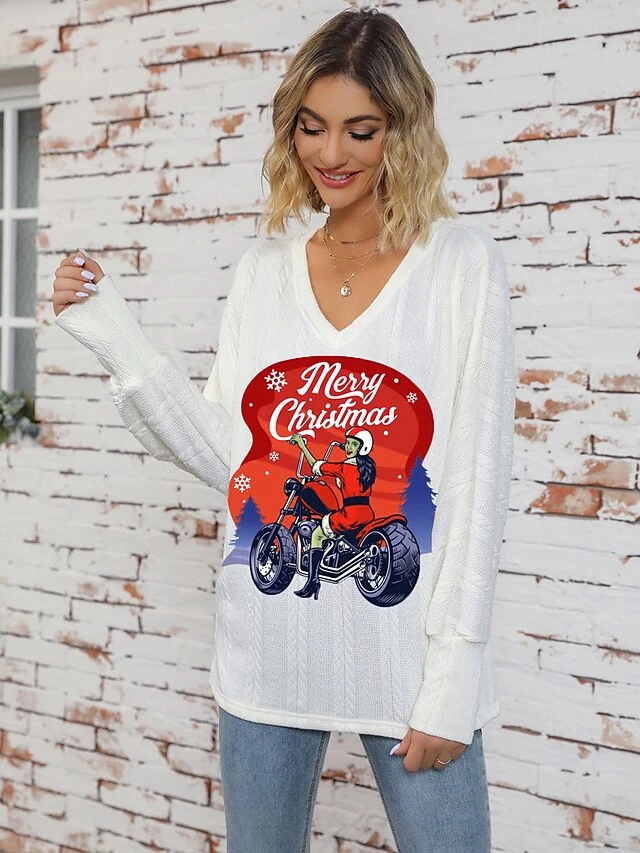 Women's Pullover Sweater Jumper V Neck Ribbed Knit Print Fall Winter Regular Christmas Xmas Stylish Soft Long Sleeve Santa Claus White Red S M L 5 Women's Pullover Sweater Jumper V Neck Ribbed Knit Print Fall Winter Regular Christmas Xmas Stylish Soft Long Sleeve Santa Claus White Red S M L - Image 3