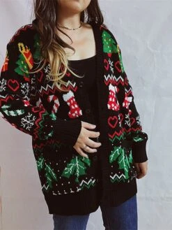 Women's Cardigan Christmas Sweaters V Neck Chunky Knit Polyester Button Knitted Spring Fall Winter Long Christmas Daily New Year Fashion Daily Vintage Style Long Sleeve Christmas Tree Snowflake Black -Xmas Cothing Store jvjkng1697539823750