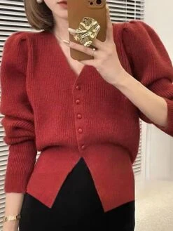 Women's Cardigan Sweater Jacket V Neck Ribbed Knit Polyester Button Knitted Fall Winter Regular Outdoor Christmas Daily Stylish Casual Soft Long Sleeve Solid Color Red Purple Khaki S M L
