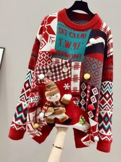 Women's Ugly Christmas Sweater Pullover Sweater Jumper Crew Neck Ribbed Knit Cotton Knitted Fall Winter Outdoor Xmas Daily Stylish Casual Soft Long Sleeve Geometric Letter Snowman White Red -Xmas Cothing Store jvoeot1668155358531