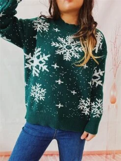 Women's Ugly Christmas Sweater Pullover Sweater Jumper Crew Neck Ribbed Knit Polyester Oversized Fall Winter Regular Outdoor Christmas Daily Stylish Casual Soft Long Sleeve Snowflake Black Red Green -Xmas Cothing Store jwbxzf1696903377430