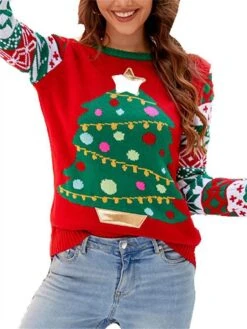 Women's Ugly Christmas Sweater Pullover Sweater Jumper Crew Neck Ribbed Knit Acrylic Oversized Fall Winter Short Xmas Daily Going Out Stylish Casual Soft Long Sleeve Christmas Tree Snowflake -Xmas Cothing Store jwbyaa1695262576009