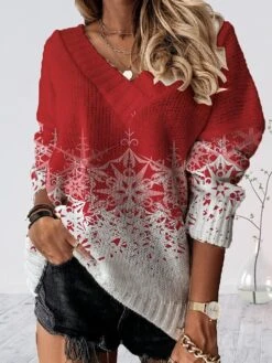 Women's Pullover Sweater Jumper V Neck Crochet Knit Polyester Print Drop Shoulder Fall Winter Tunic Christmas Stylish Casual Soft Long Sleeve Xmas Snowflake White Wine Red S M L