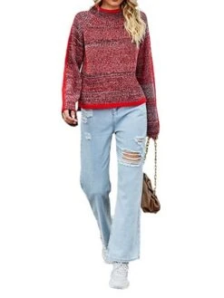 Women's Christmas Sweater Pullover Sweater Jumper Christmas Sweaters Crew Neck Ribbed Knit Acrylic Knitted Flared Sleeves Fall Winter Regular Outdoor Christmas Daily Stylish Casual Soft Long -Xmas Cothing Store jygril1697290901470