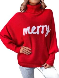 Women's Ugly Christmas Sweater Pullover Sweater Jumper Turtleneck Ribbed Knit Acrylic Oversized Batwing Sleeve Fall Winter Regular Xmas Daily Going Out Stylish Casual Soft Long Sleeve Letter Red -Xmas Cothing Store jylzbb1695209500687