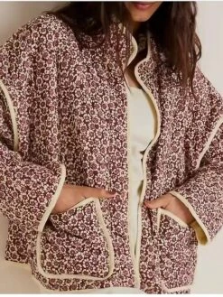 Women's Parka Lightweight Christmas Daily Wear Print Open Front Stand Collar Minimalism Flowers Regular Fit Outerwear Xmas Long Sleeve Spring Fall Khaki S M L