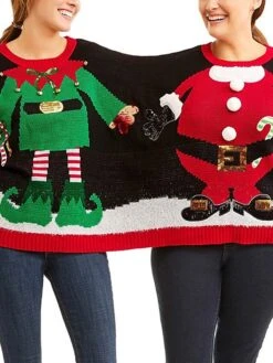 Women's Couple's Ugly Christmas Sweater Pullover Sweater Jumper Knit Santa Claus Crew Neck Stylish Casual Xmas Holiday Winter Fall Black One-Size