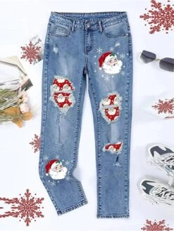 Women's Jeans Pants Trousers Full Length Fashion Streetwear Christmas Street Xmas Blue S M Fall Winter