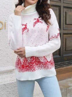Women's Ugly Christmas Sweater Pullover Sweater Jumper Turtleneck Ribbed Knit Acrylic Patchwork Fall Winter Regular Outdoor Christmas Daily Stylish Casual Soft Long Sleeve Elk Christmas Tree White Red -Xmas Cothing Store kamujg1697103887070